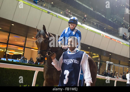 Dubai, Vereinigte Arabische Emirate. 7. Januar 2016. Paul Hanagan mit Ertijaal vor dem Thourghbreds Handicap Rennen 3 gewinnen 100-113 bei Meydan Credit bewertet: Tom Morgan/Alamy Live News Stockfoto