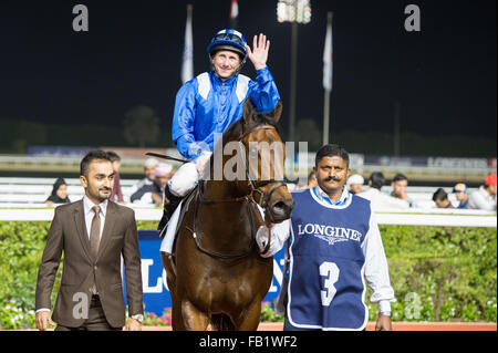 Dubai, Vereinigte Arabische Emirate. 7. Januar 2016. Paul Hanagan winkt der Menge nach dem Reiten Ertijaal Rennen 3 Vollblüter Handicap gewinnen 100-113 in Meydan Credit bewertet: Tom Morgan/Alamy Live News Stockfoto