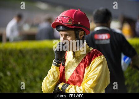 Dubai, Vereinigte Arabische Emirate. 7. Januar 2016. Richard Mullen bevor die Vollblüter Handicap 100-113 während der Eröffnungssitzung der 2016 Dubai World Cup Carnival in Meydan Credit bewertet: Tom Morgan/Alamy Live News Stockfoto