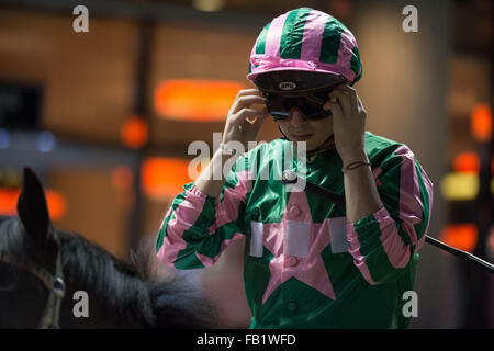 Dubai, Vereinigte Arabische Emirate. 7. Januar 2016. Mickael Barzalona bevor die Vollblüter Handicap 100-113 während der Eröffnungssitzung der 2016 Dubai World Cup Carnival in Meydan Credit bewertet: Tom Morgan/Alamy Live News Stockfoto