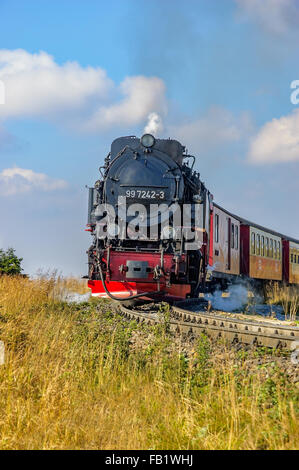 Historische Dampflokomotive mit Personen-Güterwagen kommt den Berg hinauf. Stockfoto