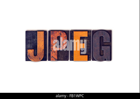 Das Wort "JPEG" geschrieben in isolierten Vintage Holz Buchdruck Typ auf einem weißen Hintergrund. Stockfoto