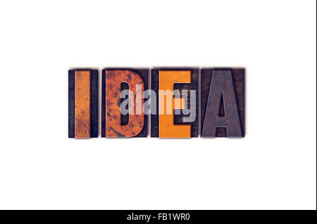 Das Wort "Idee" geschrieben in isolierten Vintage Holz Buchdruck Typ auf einem weißen Hintergrund. Stockfoto
