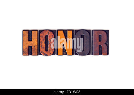 Das Wort "Ehre" in isolierten Vintage Holz Buchdruck Typ auf einem weißen Hintergrund geschrieben. Stockfoto