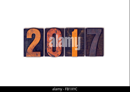 Das Wort "2017" geschrieben isolierten Vintage Holz Buchdruck Typ auf einem weißen Hintergrund. Stockfoto
