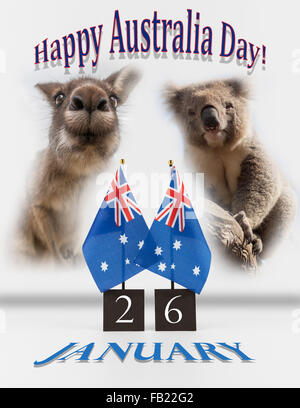 Zwei australische Schreibtisch Fahnen, Koala und Känguru. 26 Januar Australia Day Grüße Symbole isoliert auf weiss. Stockfoto