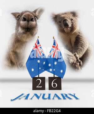 Zwei australische Schreibtisch Fahnen, Koala und Känguru. 26 Januar Australia Day Grüße Symbole isoliert auf weiss. Stockfoto