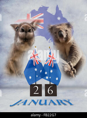 Zwei australische Schreibtisch Fahnen, Koala und Känguru. 26 Januar Australia Day Grüße Symbole auf bemalten Beton Textur Stockfoto