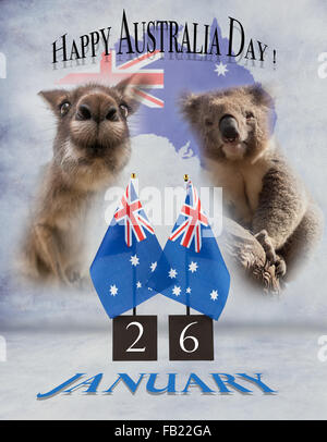 Zwei australische Schreibtisch Fahnen, Koala und Känguru. 26 Januar Australia Day Grüße Symbole auf bemalten Beton Textur Stockfoto