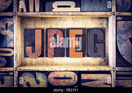 Das Wort "JPEG" in Vintage Holz Buchdruck Art geschrieben. Stockfoto