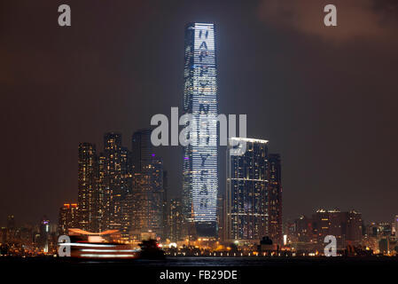 Die International Commerce Center ICC-Beleuchtung für Januar Neujahr 2016, Hong Kong, China. Stockfoto