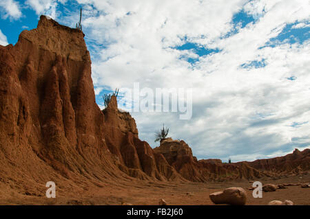 Großen orangefarbenen Sand Stein Felsen in trockenen heißen Tatacoa Wüste mit Kakteen, Huila Stockfoto