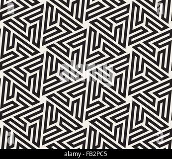 Vektor nahtlose schwarz-weiß sechseckigen geometrische Sterne Labyrinth islamischen Linienmuster Stock Vektor