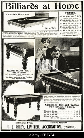 Original Vintage Anzeige von 1900 s. Viktorianische Werbung aus dem Jahre 1900 Werbung e.j. Riley Billardtische von Accrington England UK Stockfoto