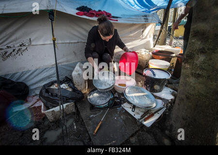 Szenen rund um die Migranten Camp nach den heftigen von den letzten Tagen in Grande Synthe neben Dunkerque, Frankreich auf 08.01.2016 Regenfällen Stockfoto