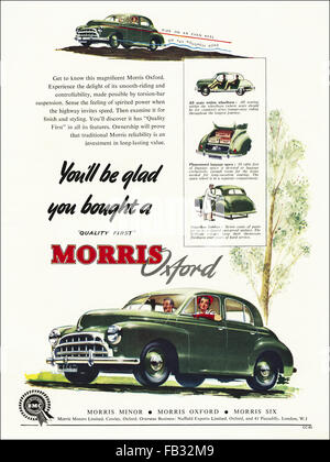 Original volle Seite Farbe vintage Advert von 1950. Werbung von 1953 Werbung Morris Oxford Autos. 50s Retro Stockfoto