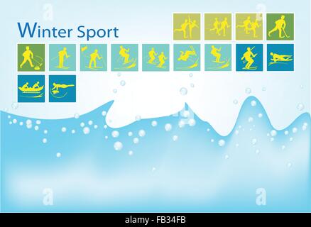 Abbildung Sammlung von 15 Wintersport-Symbole auf blauem Hintergrund. Stock Vektor