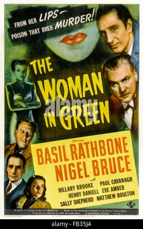 Plakat für "The Woman in Green" 1945 Sherlock Holmes Film unter der Regie von Roy William Neill und Darsteller Basil Rathbone (Holmes); Nigel Bruce (Watson) und Hillary Brooke (Lydia). Siehe Beschreibung für mehr Informationen. Stockfoto