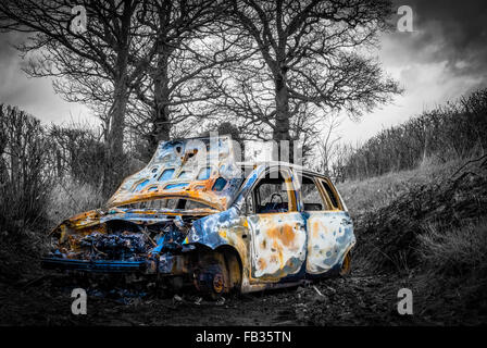 Ein gestohlenes Auto geworfen hinunter einen Feldweg in Essington Wolverhampton West Midlands UK ausgebrannt Stockfoto