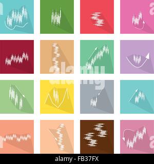 Symbole, Illustration-Satz von 16 Infografiken LinearRegression Chart und Graph Ikonenaufkleber flach. Stock Vektor