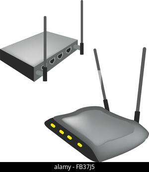 Kommunikation und Massenmedien, Darstellung der modernen WLAN-Router mit der Antenne, Isolated on White Background. Stock Vektor