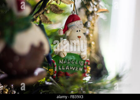 Weihnachts-Dekoration eines Schafes hält ein Schild mit der Aufschrift "Nadolig Llawen" ist ein Weihnachten Gruß auf Walisisch. Stockfoto