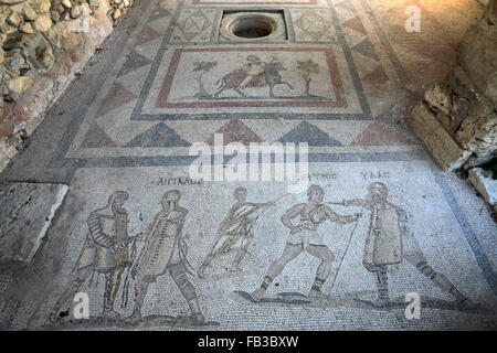 Mosaik im westlichen Ausgrabungen der Akropolis, antike hellenistische Gymnasium, Xisto, Kos-Stadt, Insel Kos, Dodekanes Stockfoto