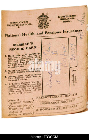 Nationalen Gesundheit und Renten Versicherung Karteikarte von 1951, ausgestellt in Belfast, Nordirland Stockfoto