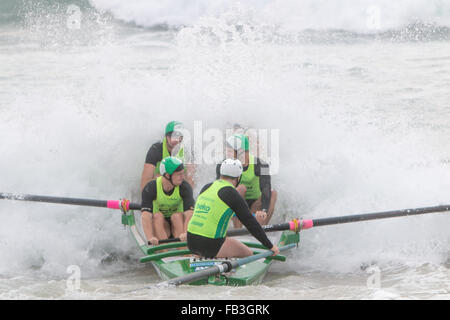 Sydney, Australien. 9. Januar 2016. Ocean Thunder Elite Pro Surfboat Carnival-Rennen für Herren und Frauen in Dee Why Beach, Sydney, dies ist Runde 3 und involviert Teams aus Bilgola, Freshwater, Collaroy, Dee Why, Batemans Bay, Bondi und vielen anderen Kredit: model10/Alamy Live News Stockfoto