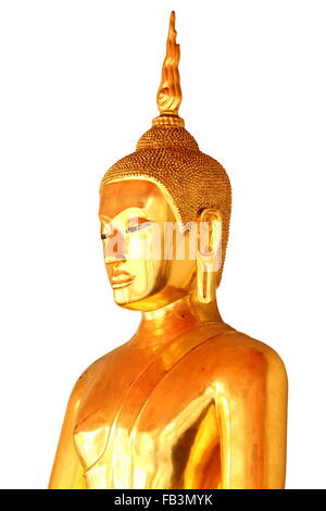 Hintergrund der goldene Buddha-Statue, die isoliert auf weißem Hintergrund Stockfoto