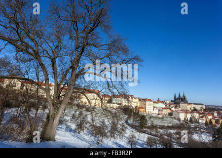 Verschneite Hügel des Petrin Hill Prag Winter Hradcany Schnee Panorama Stockfoto