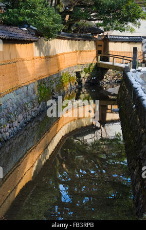 Samurai-Residenzen in Nagamachi Samurai District, Wand mit Strohmatte geschützt, während des Winters, Kanazawa, Ishikawa, Japan Stockfoto