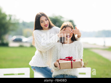 Zwei schöne Mädchen und Geschenk Stockfoto