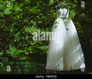 Hochzeitskleid hängt an einem Baum Stockfoto