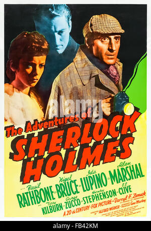 Plakat für 'The Adventures Of Sherlock Holmes' 1939 Sherlock Holmes Film unter der Regie von Alfred L. Werker und Darsteller Basil Rathbone (Holmes); Nigel Bruce (Watson) und Ida Lupino (Ann Brandon). Siehe Beschreibung für mehr Informationen. Stockfoto