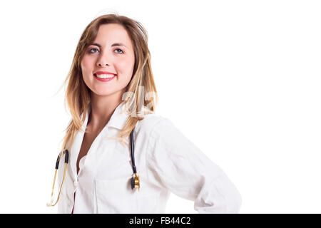 Lächelnde Frau Doktor mit Stethoskop Over White Background Stockfoto