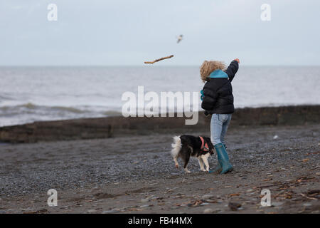 Frau am Strand im Winter werfen Stick für Hund Stockfoto