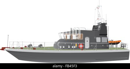 Eine detaillierte Darstellung der eine schnell grau Marine Patrol Boat mit einem orange Schlauchboot verwendet zur Rettung und anti-Schmuggel isoliert auf weiss Stock Vektor
