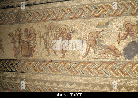 Engel Gladiatoren, römische Mosaik, Bignor Roman Villa, bignor, West Sussex, England, UK. Stockfoto