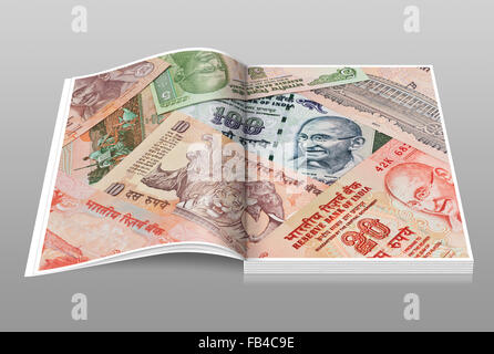 Viele indische Rupien Rechnungen mit dem Porträt von Mahatma Gandhi nebeneinander liegend, Indien, Asien Stockfoto