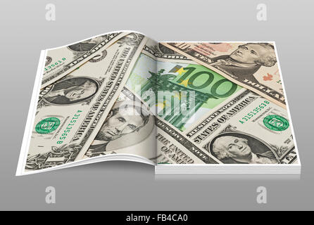 Viele US-Dollarnoten nebeneinander liegen. In der Mitte liegt ein 100 Euro-Schein Stockfoto