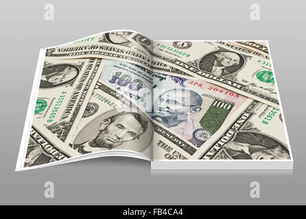 Viele US-Dollarnoten nebeneinander liegen. In der Mitte befindet sich eine Rechnung indischen 100 Rupien mit dem Porträt von Mahatma Gandhi Stockfoto