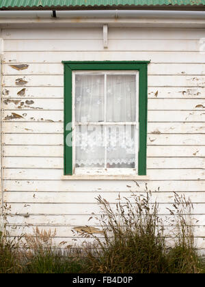 Falkland-Inseln, Port Stanley, Allardyce Street, Peeling gemalt Fenster der Wetherboarded Hütte Stockfoto