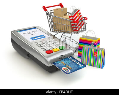 Online-Shopping-Konzept. POS-terminal mit Kreditkarte und Einkaufswagen und Tasche mit Einkäufen. 3D Stockfoto