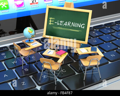 E-Learning, Online-Bildungskonzept. Blackboard und Schule Schreibtische auf Laptop-Tastatur. 3D Stockfoto