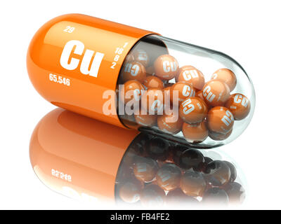 Pillen mit Kupfer Cuprum Cu Element. Diätetische Ergänzungen. Vitaminkapseln. 3D Stockfoto