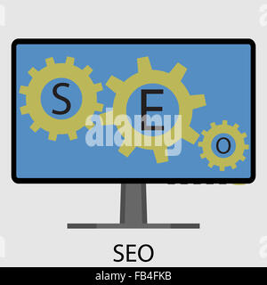 SEO-Symbol flache Bauweise. Marketing-Suche, Web-Engine, Internet Seo, Management-Geschäft, Computertechnik, Entwicklungsdienst. Stockfoto