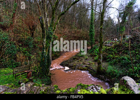 Sapey Old Church befindet sich am Ende einer Gasse neben dem Fluss Sapey produziert Wasser voller Schlamm unter winterlichen Bedingungen Stockfoto