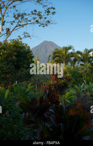 Blick auf den Vulkan Arenal (Volcán Arenal) von La Fortuna, Costa Rica. Im Vordergrund sind typische costaricanische Blumen & Bäume. Stockfoto