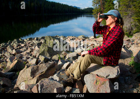 Wanderer auf Dame des Sees, Absaroka Beartooth Wildnis, Gallatin National Forest, Montana Stockfoto